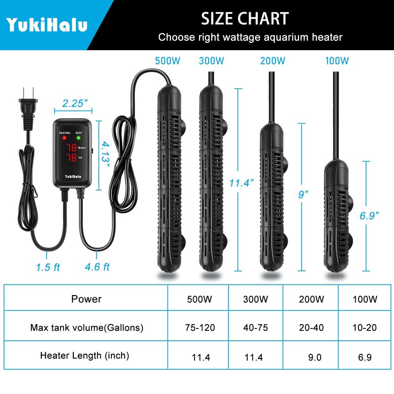 YukiHalu Aquarium Heater 50/100/200/300/500W with Protective Case, Fish Tank Heater,