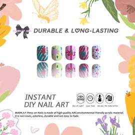 Christmas Press on Nails Short Square MABKJLF Cute Fake Nails False Nails with Designs Gift Colorful Lovely Full Cover Glossy Glue on Nails Stick on Nails for Women Girls 24 Pcs