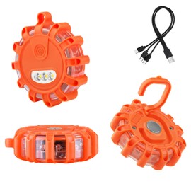 AK LED Road Flares Rechargeable Safety Flashing Warning Light Roadside Emergency Disc Beacon Kit for Vehicles Boats with Magnetic Base & Hook, Storage Bag and One 3-in-1 USB Charging Cables (3 Pack)