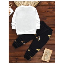 COZYEASE Boy's 2 Piece Outfits Graphic Sweatsuit Crewneck Long Sleeve Sweatshirt and Jogger Sweatpants White and Black 4Y