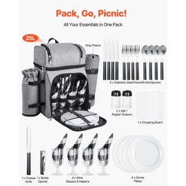 Happybuy 25L Gray Picnic Backpack for 4 - Complete Outdoor Dining Set with Insulated Cooler, Detachable Wine Holder, Fleece Blanket & Full Cutlery for Camping & Hiking