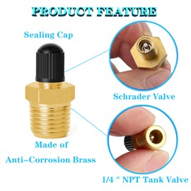 YUENTOEN 1/4 Inch NPT Tank Valves, 4Pcs Anti-Corrosion Brass Schrader Valve with 1/4 Inch Male NPT Standard Thread Core and Cap, Air Compressor Tank Fill Valves Air Tool Fittings