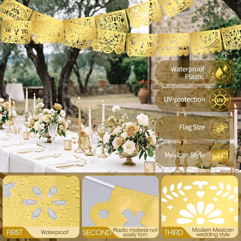 6 Pack Papel Picado Wedding Banner Gold, 120 ft Plastic