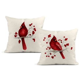 LOKMU Set of 2 Throw Pillow Covers Winter Christmas Cardinal Bird Red Berries Square Linen Home Decorative Cushion Covers Pillowcases for Outdoor Bed Sofa Bar Wedding Couch Family 20x20 inches