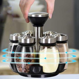 Heiegdr Spice Jars with Rack, Revolving Spice Rack Organizer Countertop Stainless Steel Seasoning Rack Set with 6 Glass Jar Bottles Set for Home Kitchen (Single layer)