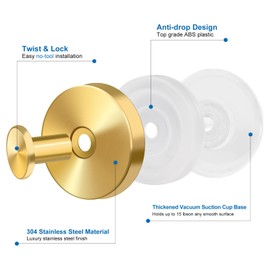 Suction Cup Hooks for Shower Towels Robes, Heavy Duty Wreaths Hangers Hooks Stainless Steel, No Drill on Smooth Wall,Glass,Mirror, Tile in Bedroom Kitchen to Hang Swimsuit Washcloths (4, Gold)