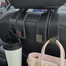 ALEACAR 2 Pack Car Hooks for Headrest, Car Seat Back Storage Hook for Headrest, Headrest Hooks for Purses and Bags, Car Hooks Leather (Black)