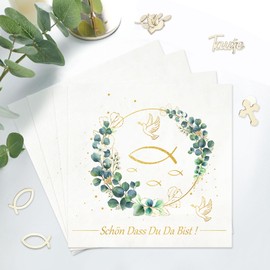 32 Communion Napkins Eucalyptus Fishe and 60 Christening Decoration Fish Wood Scatter Decoration, Schön dass Du da bist Napkins Confirmation Wooden Fish for Christening Decoration Boy Girl Table