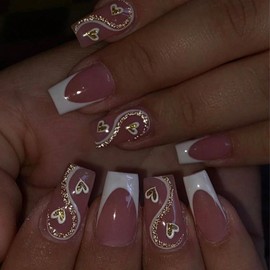 24 Pcs Valentines Press on Nails Heart Love Fake Nails Medium Coffin Shaped False Nails Golden Stripe Designs Glitter Acrylic Nails Full Cover Sparkly Valentine Stick on Nails for Women Nail Art