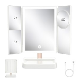 BERTHALESS Rechargeable Trifold Makeup Mirror with 78 LED Lights, Compact Travel Light Up Vanity Mirror 3 Way Mirror with Magnification 3 Color Lighting Adjustable Brightness Touch Control