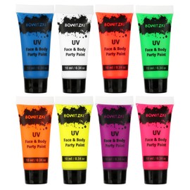 Bowitzki UV-Neon-Körperfarbe, 8 x 10 ml, Gesichtsbemalungsset, Schwarzlicht, im Dunkeln leuchtendes Make-up-Set, fluoreszierende Gesichtsbemalung für Erwachsene,Festival