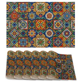 Mexican Tile Placemats Set of 6,Geometric Floral Table Mates Non-Slip Heat Resistant Washable Linen Place Mats for Party Kitchen Dining Decoration Indoor Outdoor 12"x18"