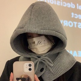 Imported Hooded Balaclava Hat - Warm for Autumn and Winter Women's LF1113 Drawstring Hood - Black 3ea