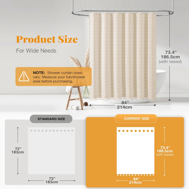 BTTN 84 Inch Wide Shower Curtain - W84xH72 Boho Farmhouse