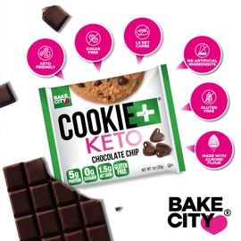 Bake City Cookie Plus Keto | 1oz Chocolate Chip Cookies (12 pack), Gluten Free, 0g Sugar, Only 1.5g Net Carbs, Good Fats, 5g Protein, Kosher, No Artificial Flavors