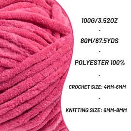 Fluffy Chenille Yarn for Crocheting, Chunky Velvet Yarns for Crochet Amigurumi, Baby Yarn for Crocheting Soft Blanket, 87.4yds /3.5 oz Bulky Yarns for Crafts/Hats/Shoes/Socks (Rose)