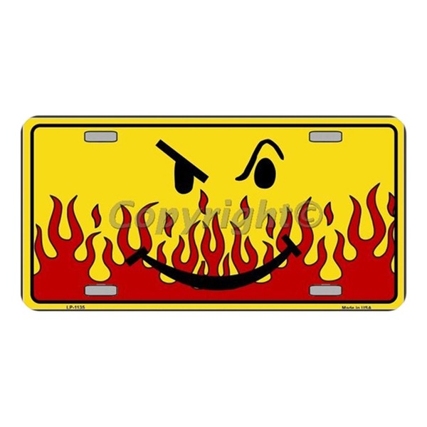 Flaming Smirk Metal License Plate