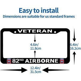 2Pcs Full Color Aluminum Alloy US Veteran License Plate Frame Car SUV Truck 2 Pack Aluminum Alloy License Plate Frame for 82nd Airborne Front and Rear Tag Holder Black (HT-013)