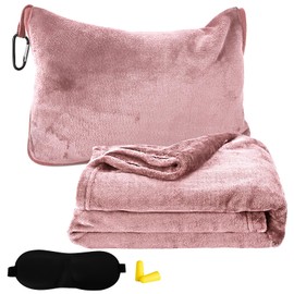 Bocguy Travel Blanket, Ultralight, 2-in-1 Transformation Pillow, Travel Blanket, Travel Gadgets with Sleeping Mask and Earplugs, Portable Thin Blanket for Camping, Business Trips (Pink)