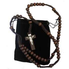 Men Women Brown Wood Corded Rosary Beads Catholic Necklace Cross & Free Velvet Gift Pouch Unisex Suitable for New Drivers Car Rosary Good Luck Confirmation Communion Christmas Lent Easter Birthdays
