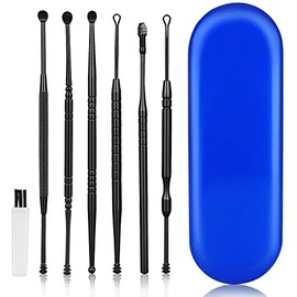 CYSNATU Ear Wax Removal Kit, Ear Cleaner, Ear Pick, Ear Cleaning Tool Set Stainless Steel 6 in 1 Ear Spoon Curette (with Cleaning Brush and Storage Box, Black)