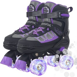 MammyGol Roller Skates for Kids Boys Girls, Adjustable Quad Skates with Light Up Wheels for Toddler Big Kids Ages 6-12 Size 3 4 5 6, Beginners Outdoor Sports, Purple