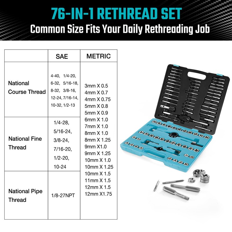 DURATECH 76-Piece Tap and Die Set, Metric and Standard, Rethreading