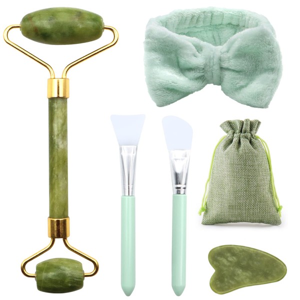 SPOKKI 5 Pieces Gua Sha Kit, Jade Roller for Face, Face Massage Roller, Jade Stone Face, Guasha Face Stone Jade, Face Massager Set, Facial Neck and Muscle Relaxation