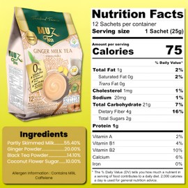 MuzTea Ginger Tea Instant Powder Mix 3 in 1, Gingers, Coconut Flower Sugar, Creamer From Selected Low Fat Milk Powder12 Sachets (Ginger Milk Tea)