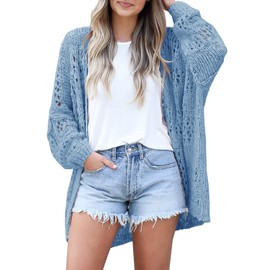 Ermonn - Cárdigan de ganchillo para mujer, estilo kimonos, estilo bohemio, color liso, de gran tamaño, con parte delantera abierta para el verano, Azul-cielo, XXL