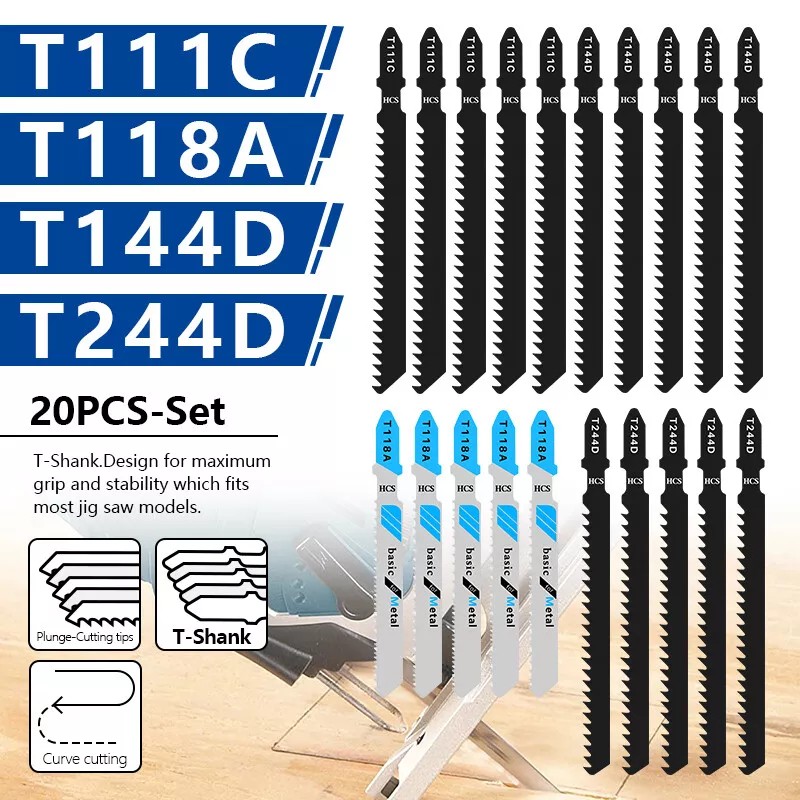 XCAN 20PCS Jigsaw Blades Set Assorted T-Shank Jig Saw Blades