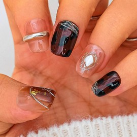 Sethexy Short Coffin Blown Press On Nails Winner Acrylic Handmade False Nails Glitter Shiny False Nails Salon Glued Nails for Women and Girls 10 Pieces (9)