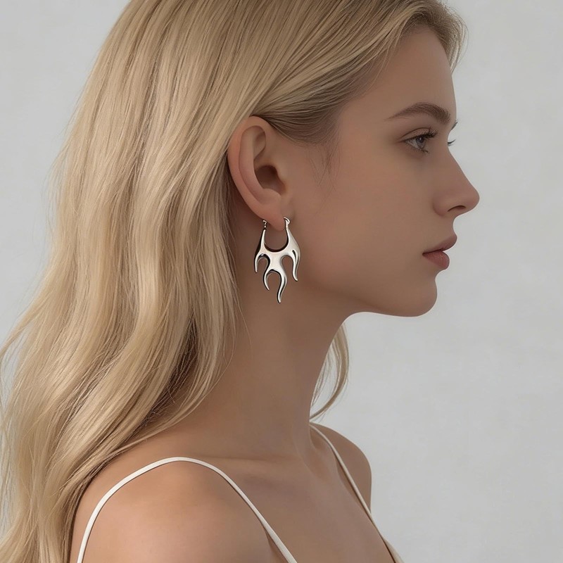 Sttiafay Punk Flame Hoop Earrings Silver Fire Flame Dangle Earrings
