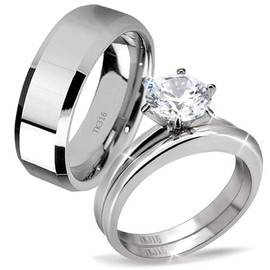 MABELLA His Hers Stainless Steel Men's Band Women Cubic Zirconia Round Cut Wedding Engagement Ring Set,Women's Size 9 Men's Size 9