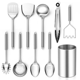 E-far Cooking Utensils Set, 10-Piece Stainless Steel Kitchen Utensils with Holder, Metal Heat Resistant Kitchen Cookware Tool Spatula Set for Cooking, Easy Clean & Dishwasher Safe