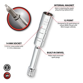 Performance Tool W80544 12 Point Mag Spark Plug Socket - 3/8" Drive, 14 mm Size, Swivel Design for Precision