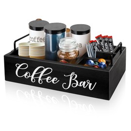MINCORD Coffee Station Organizer Wooden Coffee Bar Holder Accessories for Countertop, Farmhouse Kcup Pod Storage Basket with Handle - Black