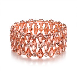 BriLove Wedding Bridal Bracelet for Brides, Teardrop Rhinestones Cluster Stretch Bangle for Women Peach Morganite Color Rose-Gold-Tone