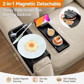 Bamboo Sofa Arm Tray – 2-in-1 Magnetic Detachable Couch Cup Holder & Armrest Table with Anti-Slip Pad, Convenient Tray for Drinks, Snacks & More,Black