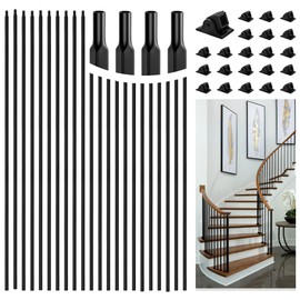 30 Pcs Wrought Iron Balusters for Staircase, 1/2" x 44" Hollow Straight Iron Spindles Deck Balusters with 60 Fixed Swivel Shoes, Deck Railing for Indoor Stairs - Matte Black