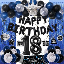 18th Birthday Decorations for Boys Men, Happy 18th Birthday Decorations Boy, Blue and Black 18 Year Old Boy Birthday Balloons Banner,Tablecloth, Fringe Curtains Hanging Swirls 18 Bday Decor for Men