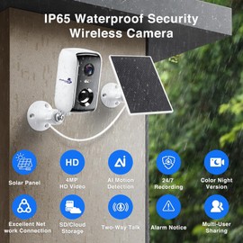 Juyivast Solar Security Cameras Wireless Outdoor,5200mAh Battery 4MP Wi-Fi Cameras for Home Security,Color Infrared Night Vision, Dual Storage, Alarm Notice, AI Motion Detection, 24/7 Recording