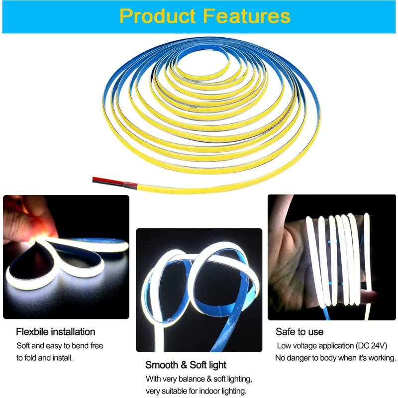 Tesfish LED Strip Light 24 V, 5 mm Wide Ultra