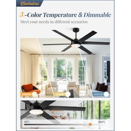 Fanbulous 60 Inch Ceiling Fans with Lights and Remote, Reversible 6 Blades & Dimmable 3-Color Outdoor Ceiling Fans for Patios, DC Motor Large Ceiling Fan for Indoor or Covered Outdoor-Black