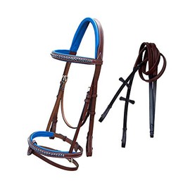 ExionPro Dark Blue Bling Browband & Snaffle Noseband Bling Bridle with Dark Blue Lined Crown Piece & Rubber Reins. | Browbands with Bling | Bling Browbands | English Tack for Horses | English Tack