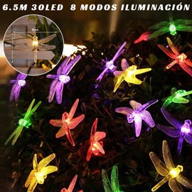 NICLY Guirnalda de Luces Solares 6.5m 30 LED Impermeable 8 Modos, Cadena de Luces Solares con Sensor Decoración para Hogar, Jardín, Arbol, Patio, Navidad, Fiestas, Boda(Libélula, Multicolor)