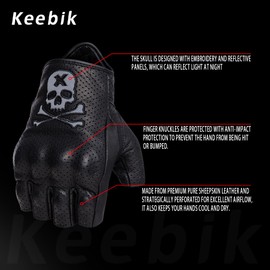 Keebik Goatskin Leather Motorcycle Motorbike Powersports Racing Gloves Reflective Skull Touchscreen for Men and Women Model (HEE3, Medium)
