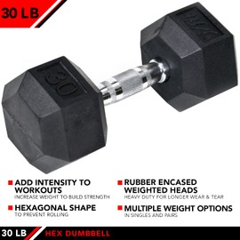 JFIT Rubber Hex Dumbbell, 30 LB, Single,20-6530J