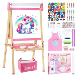 Easel for Kids Toys,Adjustable Wooden Toddler Art Easels, Girls Toys for Ages 5-7,8-13,Magnetic Dry Eraser White Board and Chalk Board with Art Supplies,Kid Easel 4 5 6 7 8 9 10 Year Old Girl Gifts