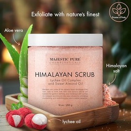 Majestic Pure Himalayan Salt Body Scrub with Lychee Oil, Exfoliating Salt Scrub to Exfoliate & Moisturize Skin, Deep Cleansing - 10 oz